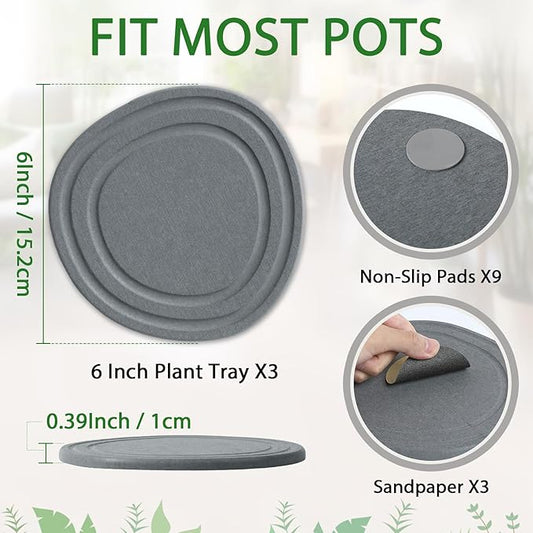 Plant Saucers for Indoors, 3 Pack 6" Quick Drying Diatomite Plant Drip Water Catcher Trays for Pots, Diatomaceous Earth Planter Drainage Saucers Plates to Catch Water for Flower and Plants, Stone Gray