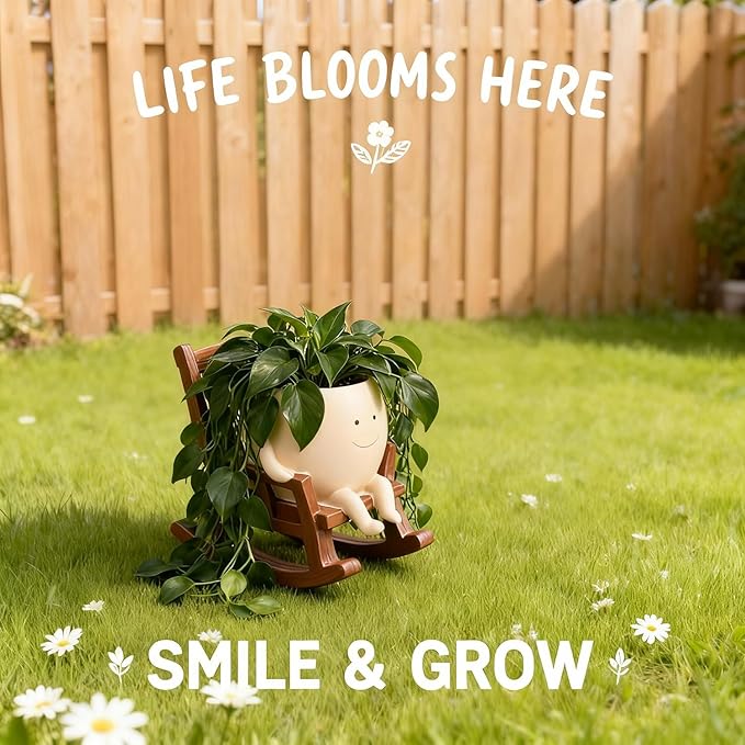 4 Inch Rocking Chair Smiley Face Planter Pots with Drainage Hole, Resin Flower Pot for Succulents, Cute Plant Pot Indoor Outdoor, Perfect for Spring Decor, Unique for Plant Lovers