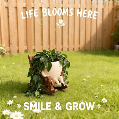 4 Inch Rocking Chair Smiley Face Planter Pots with Drainage Hole, Resin Flower Pot for Succulents, Cute Plant Pot Indoor Outdoor, Perfect for Spring Decor, Unique for Plant Lovers