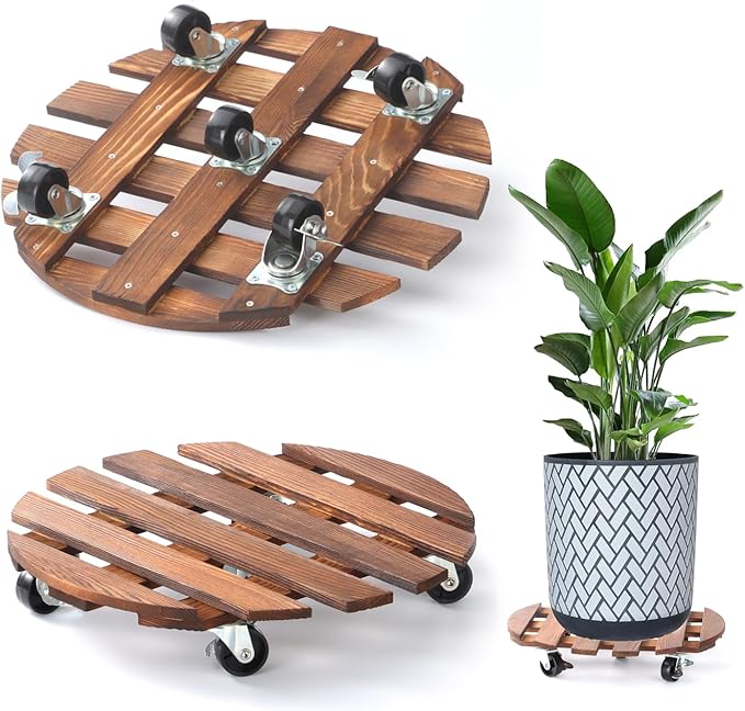 2 Pack 14" Plant Caddy with 5 Wheels, Rolling Plant Stand 220 LB Heavy Duty Wooden Round Plant Dolly with Metal 360° Lockable Caster Wheels for Outdoor Indoor Large Plant Pots, Flower Pot, Patio