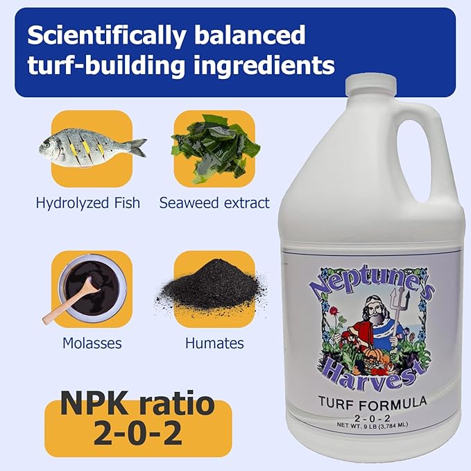 Neptune's Harvest Turf Fertilizer (2-0-2) - 9 LB Bottle - Fish & Seaweed-Based Lawn Food Formula - Organic Liquid Fertilizer for Lawn & Seed - Ideal for Flowers, Vegetables, Trees, & Shrubs