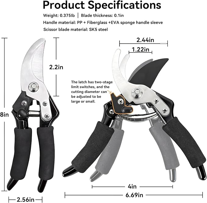 Garden Pruning Shears with Sharp SK5 Blade, Bypass Pruner with 5/8-Inch Cut Capacity, Plant Clippers for Roses, Shrubs & Small Branches