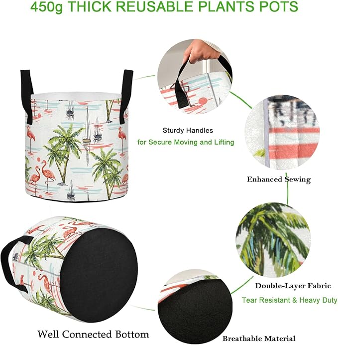 3 Gallon Flamingo Tropical Palm Trees Heavy Duty Grow Bag Breathable Planter Pot Containers with Handles for Potato Tomato Fruits Vegetables Flowers