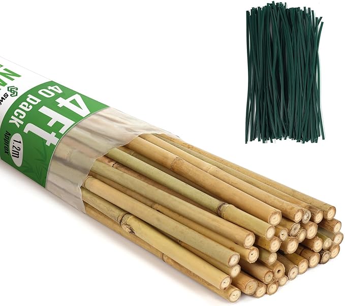 SWANGSA 40 Pack 4 Feet Bamboo Stakes for Plant, Bamboo Sticks Plant Support Garden Stakes Poles with 200pcs Twist Ties for Tomatoes, Beans, Flowers, Potted Plants, Indoor and Outdoor Climbing Plants