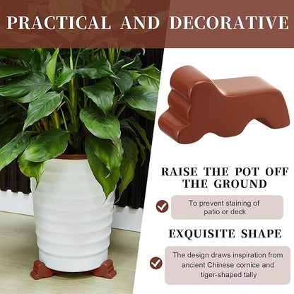 Kigeli 6 Pcs Resin Garden Pot Feet for Outdoor Planters 3 Inch Long 1.5 Inch Tall Flower Handmade Elevator Plant Feet Frost Proof Lifter for 14-20 in Pot(Brown,Classic)