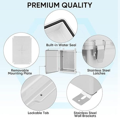 TICONN Outdoor Electrical Box Waterproof, Junction Box IP67 ABS Plastic Enclosure with Hinged Cover with Mounting Plate, Wall Brackets, Cable Glands (Off-White, 13.8"x9.8"x5.9")