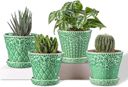 Succulent Ceramic Pots, 3.8 Inch Small Plant Pots with Drainage Hole & Saucer, Flower Planter Pot for Indoor Plants Cacti, Home Decor, Set of 4, Green