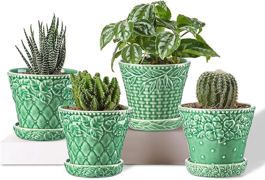 Succulent Ceramic Pots, 3.8 Inch Small Plant Pots with Drainage Hole & Saucer, Flower Planter Pot for Indoor Plants Cacti, Home Decor, Set of 4, Green
