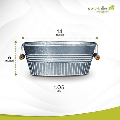 Headwind Vintage Collection 14-Inch White Wash Oval Galvanized Tub with Handles – Metal Wash Basin Planter - Galvanized Metal Tub for Indoor & Outdoor Use by Robert Allen