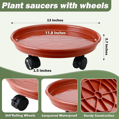 8 Packs Plant Caddy with Wheels 11.8" Plastic Rolling Plant Stands Heavy-Duty Plant Dolly with Casters Indoor and Outdoor Plant Roller Base Large Heavy Plant Pot Saucers with Wheels, Rust Red