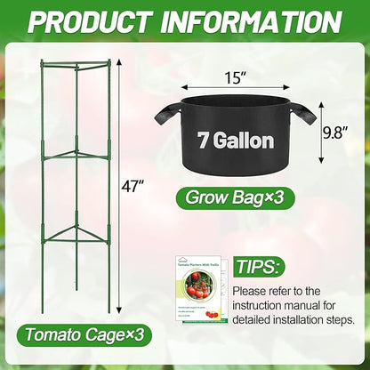 ANPHSIN 3 Sets Tomato Cages with 7 gal Grow Bags - 47'' Stable Plant Garden Planters, Flexible Vegetable Trellis for Balcony Deck Yard Tomatoes Peppers Eggplants Flowers