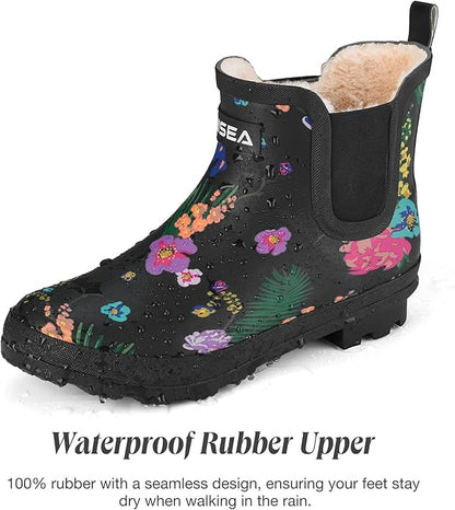 HISEA Women's Plush Rain Boots Waterproof, Chelsea Rubber Booties Women, Ladies Ankle Snow Boots for Winter Spring Garden Outdoor