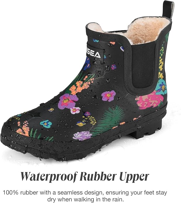 HISEA Women's Plush Rain Boots Waterproof, Chelsea Rubber Booties Women, Ladies Ankle Snow Boots for Winter Spring Garden Outdoor