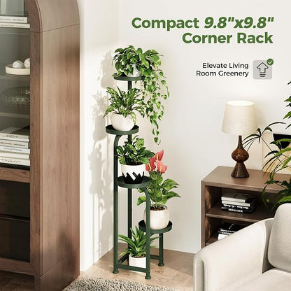 Bamworld Corner Plant Stand Indoor Outdoor, Tall Metal Flower Pot Stands for Multiple Plants, 4 Tier Dark Green Heavy Duty Plant Shelf for Patio Garden Balcony Living Room Bedroom(Patent Design)