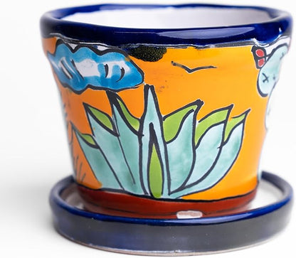 Talavera Mexican Pottery Planters with Saucer 4" Rancherito - Cactus - Sun Pot Hand Painted Ceramic Plant Pot Planter Indoor Outdoor (Rancherito)