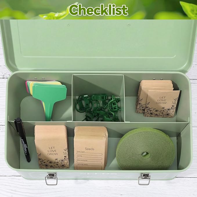 Pimoys Seed Storage Organizer, Metal Seed Saving Box with Lid, Seed Bank Container with 50 Labels 50 Envelopes 20 Plant Clips 32.8Ft Plant Tie, 4 Compartments Box Garden Seed Bin with Safety Locks