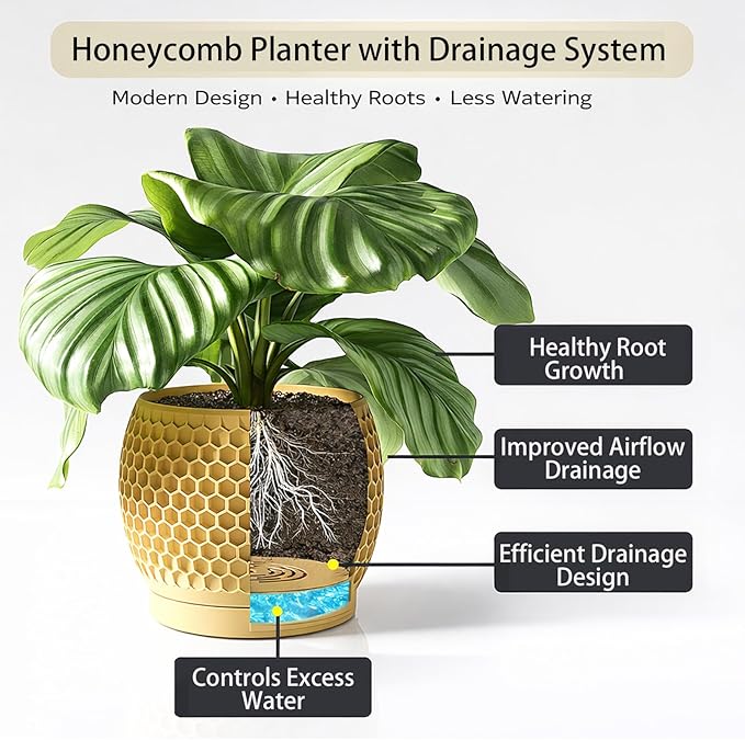Plant Pots, Modern 3D Printed Honeycomb Planters for Indoor Plants, 4.7/6/8 Inch Wood Decorative Flower Pot for Office Desktop, Bookshelf & Home Decor, Lightweight & Durable