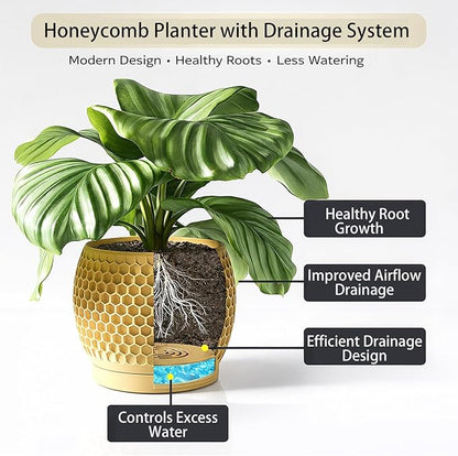 Plant Pots, Modern 3D Printed Honeycomb Planters for Indoor Plants, 4.7/6/8 Inch Wood Decorative Flower Pot for Office Desktop, Bookshelf & Home Decor, Lightweight & Durable