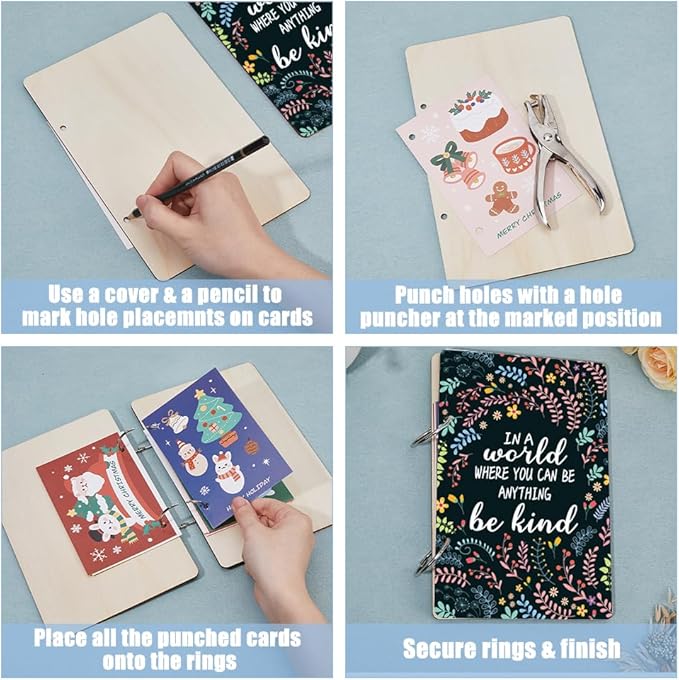 SUPERDANT Be Kind Greeting Card Holder Organizer Wooden Card Keeper Binder Planning Book Flowers Birthday Cards Keeper Photo Album Cover Graduation Wedding Planner Journal Keepsake Gifts