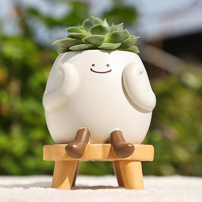 EOBTAIN Cute Smily Face Planter Pot Head Unique Sit Bench Succulent Pots Flower Cactus Pots with Drainage Holes Kids Resin Planters Decorative Pots for Indoor Garden,Ideal Birthday