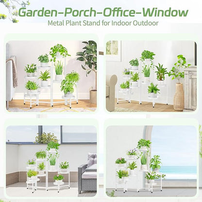 iDavosic.ly Plant Stand Indoor Outdoor, 9 Tier Corner Metal Flower Display Holder Shelf, Easy Assembly Folding Tall Orchid Rack for Patio Balcony Porch Garden Living Room House, White