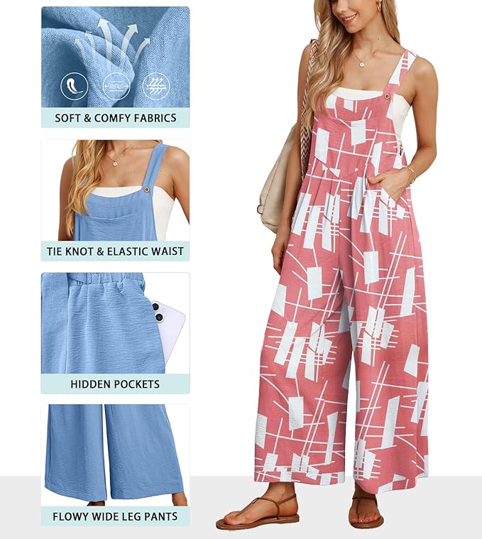 IWOLLENCE Women's Summer Jumpsuits Boho Wide Leg Overalls Casual Loose Rompers with Pockets 2025