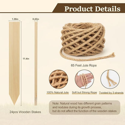 24 Pcs 11.4 Inch Wooden Garden Stakes with 65 Feet Jute Twine, Survey Grading Stakes, Plant Support Stake, Sign Posts for Silt Fence Yard Farm Boundaries Baselines, Garden Decoration