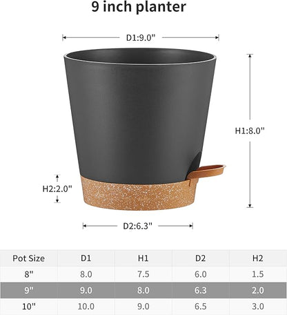 FaithLand 2-Pack 9 Inch Planter Pots for Indoor Outdoor Plants, Self Watering Flower Pots with Deep Reservoir, Black with Terracotta …