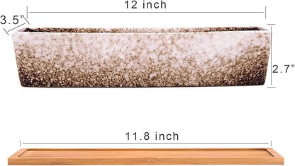 ARTKETTY Succulent Pots - Large Succulent Planter Pots with Drainage, 12 Inch Long Rectangle Bonsai Pot with Bamboo Tray Shallow Ceramic Cactus Flower Planter Window Box for Home Garden Decor (White)