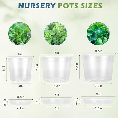 5 Packs 10 Inch Large Clear Nursery Pots with Drainage Hole and Saucers, Plastic Plant Pots for Seedlings, Flowers, Indoor Outdoor Garden