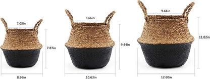 Woven Seagrass Belly Basket for Storage, Laundry, Picnic, Plant Pot Cover, and Grocery and Toy Storage (Black, Large)