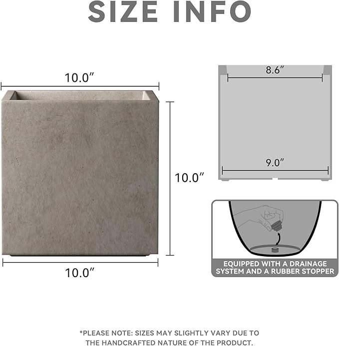 Kante 10 Inch Square Concrete Planter for Outdoor Indoor Home Patio Garden, Large Plant Pot with Drainage Hole and Rubber Plug, Weathered Concrete