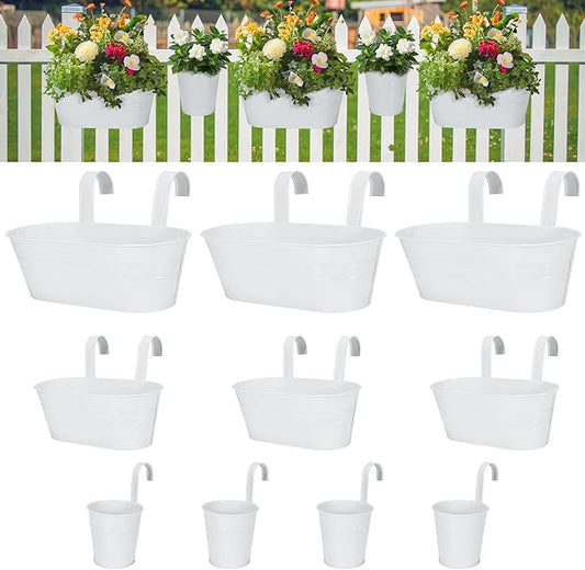 3 Different Size Metal Iron Hanging Flower Pots 10 Pcs for Outdoor Plants Metal Hanging Bucket Pots Iron Railing Fence Planter with Drainage Holes and Hooks for Porch Railing Balcony Fence (White)
