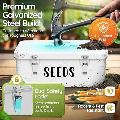 Flexzion Seed Saving Box - Metal Seed Storage Organizer Box with Lid, 4 Spacious Compartments Storage Bin for Garden Tools & More with Safety Locks, White