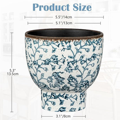 5.5 Inch Vintage Flower Pot, Blue and White Plant Pot Large Ceramic Planters for Indoor Plants Pots with Drainage Retro Planter Pots for Succulents Cactus Herb Snake Plants Outdoor Garden