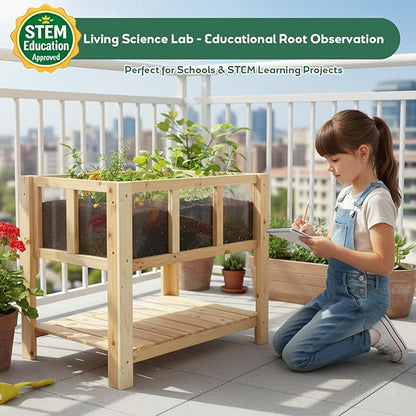 PetsCosset Small Transparent Raised Garden Bed with Legs, Compact Planter Box Stand with Observation Panels & Storage Shelf for Balcony, Patio, Small Spaces (Natural Wood)