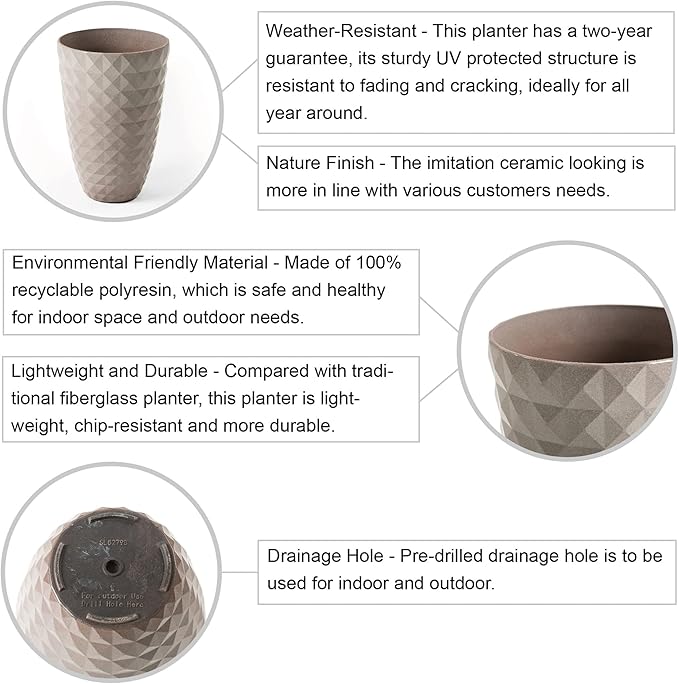 Glitzhome 19.75" H Tall Outdoor Planters Set of 2, Large Planters for Outdoor Plants, Oversized Textured Tall Planter with Drainage Holes, Decorative Round Flower Pots for Indoor Outdoor