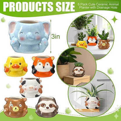 6 Pcs 3 Inch Cute Animal Succulent Pot Small Animal Ceramic Planter with Drainage Hole Office Desk Cartoon Ceramic Succulent Planters Garden Pots for Mini Plant Cactus Flower Women Gift Home Decor
