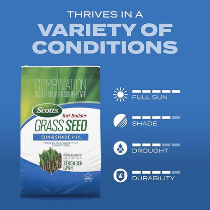 Scotts Turf Builder Grass Seed Sun & Shade Mix with Fertilizer and Soil Improver, Thrives in Many Conditions, 5.6 lbs.