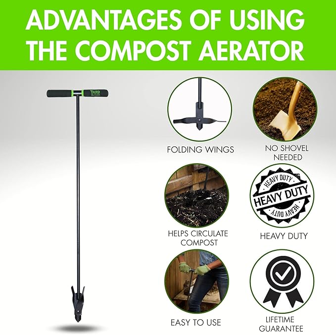 Yard Butler Compost Aerator, ICA-36- Lawn Care Tool for Aerating - Long-Handled - Power-Coated Steel Construction - Comfortable Cushioned Handles Garden Tool - Easy to Use