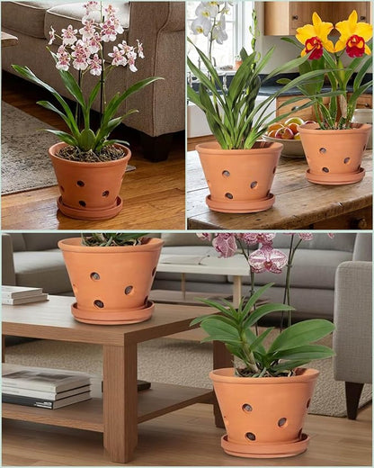 vensovo 8 Inch Terracotta Orchid Pots with Holes and Saucers, 2 Pack Large Clay Planters for Repotting, Terra Cotta Pots for Indoor & Outdoor Plants, Promotes Air Circulation