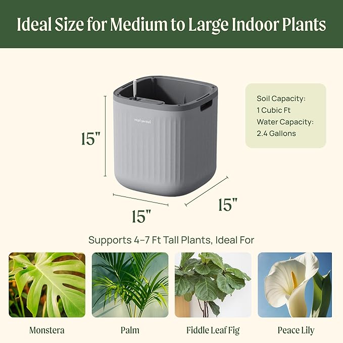 Vego garden 15 Inch Self-Watering Planter for Indoor Plants – Large Modern Plant Pot with Built-in Water Reservoir, Ideal for Monstera, Fiddle Leaf Fig, Palms & Peace Lily, Without Trellis, Fog Gray