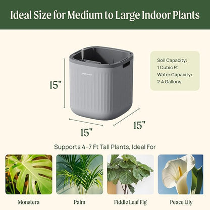 Vego garden 15 Inch Self-Watering Planter for Indoor Plants – Large Modern Plant Pot with Built-in Water Reservoir, Ideal for Monstera, Fiddle Leaf Fig, Palms & Peace Lily, Without Trellis, Fog Gray