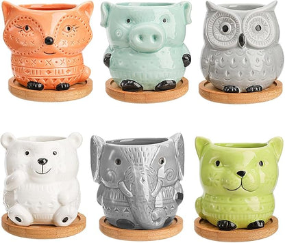 Frcctre 6 Pack Small Ceramic Succulent Planter With Drainage and Bamboo Tray, Cute Animal Flower Pots for Indoor Plants, Cactus, Garden, Home Decor