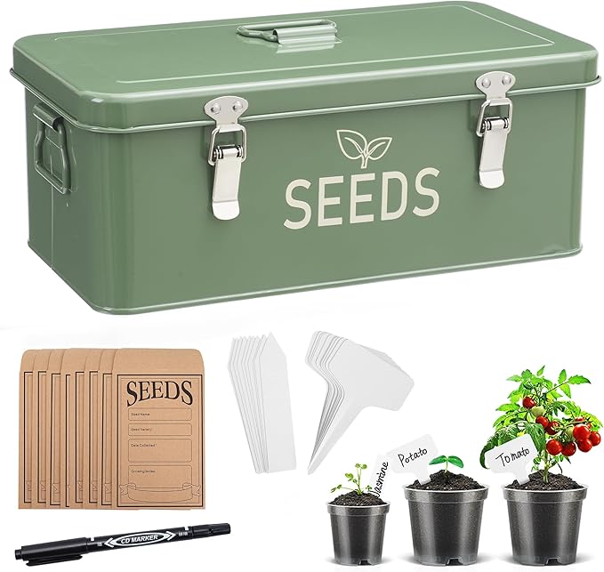 Metal Seed Storage Organizer, Seed Storage Box with Safety Locks, Compartments Box with 3 Clear Plant Nursery Pots, 40 Plant Labels, 30 Seed Envelopes, 1 Marker Pen