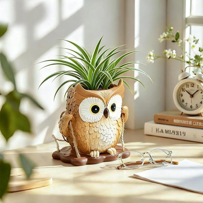 QCQHDU Swing Owl Hanging Pots with Drainage Hole, Small Resin Succulent Plant Planters, Cute Indoor/Outdoor Decor for Balcony Garden Patio, Women Gift Idea, Khaki