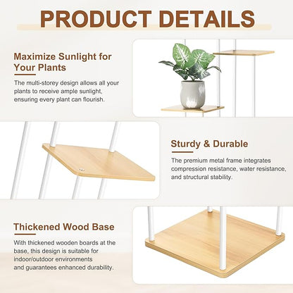 5 Tier Plant Stand Indoor Outdoor, Wood Metal Corner Shelf, Multiple Flower Pot Rack Holder Shelves, Planter Shelf Display Storage Organizer for Patio Living Room Balcony (White)