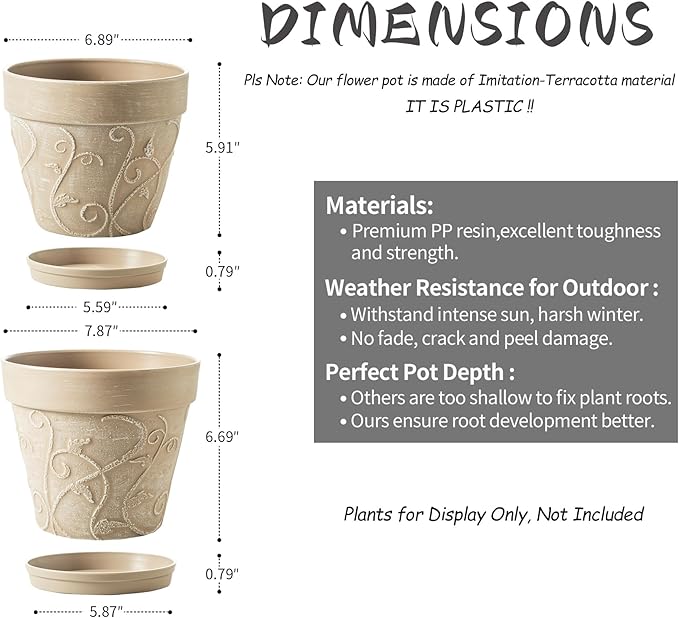 Melphoe Plant Pots Indoor with Drainage & Saucer, 2Pack 7/8 inch Flower Pots Outdoor Planters for Indoor Plants Garden Home Decor Cactus Succulent, Rigid Plastic (Imitation-Terracotta) Vine-Embossed