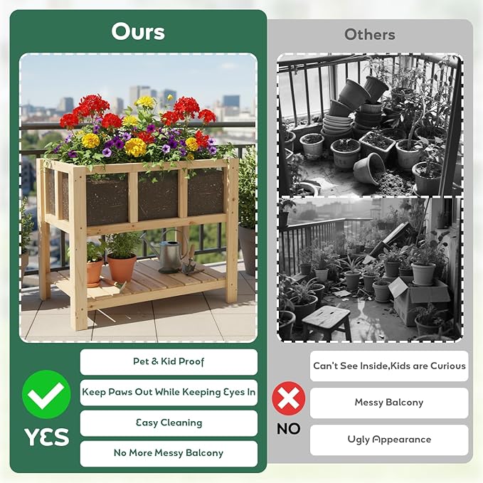 PetsCosset Small Transparent Raised Garden Bed with Legs, Compact Planter Box Stand with Observation Panels & Storage Shelf for Balcony, Patio, Small Spaces (Natural Wood)
