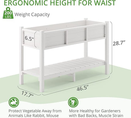 LUE BONA Raised Garden Bed with Tools, 47*18*29 in, Poly Elevated Planter Box with Legs And Storage Shelf, Weather Resistant, 3-Year Warranty, Standing Growing Bed Herb Planter for Vegetable, White